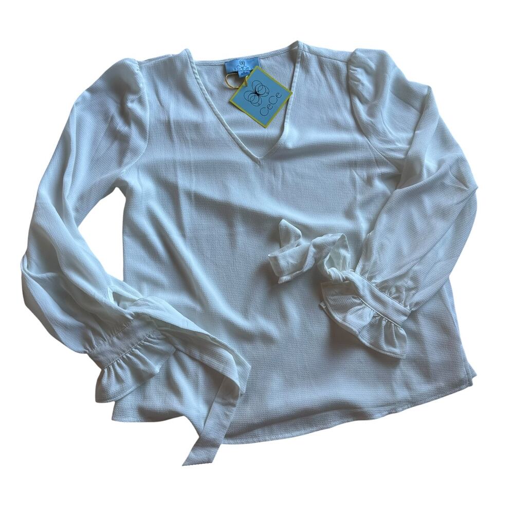 NWT CeCe women’s medium White Long Sleeve V-Neck Blouse with Ruffle Tie-Cuffs - Picture 5 of 12